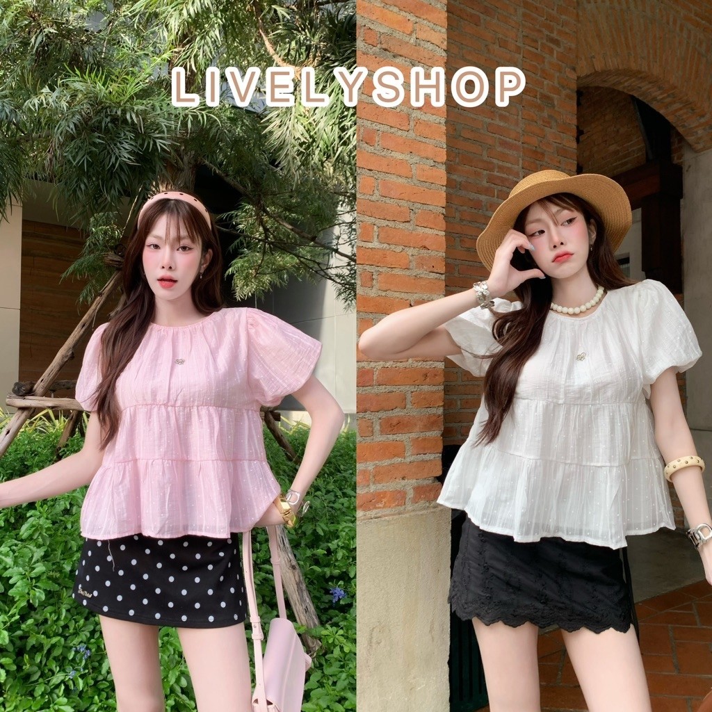 LIVELYSHOP เสื้อแขนบอลลูนลายจุดมินิ ติดอะไหล่หัวใจ J4