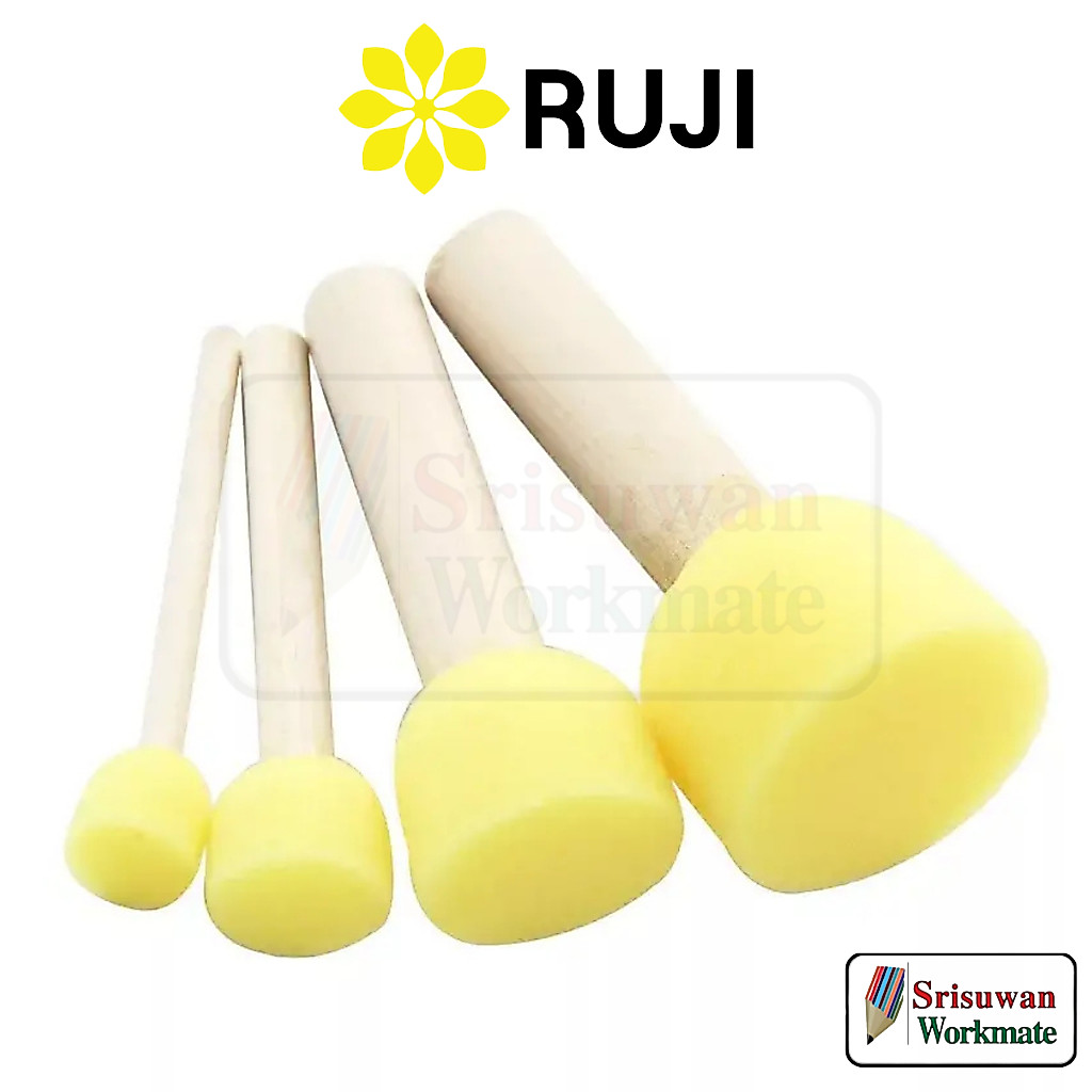 RUJI ASG04 ชุดแปรงหัวฟองน้ำด้ามไม้ 4 ชิ้น Sponge Brush แปรงระบายสี ฟองน้ำซับสี ฟองน้ำด้ามไม้ ฟองน้ำ ศิลปะ