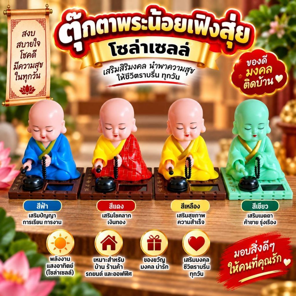 ตุ๊กตาพระน้อยเฟิงสุ่ย (โซล่าเซลล์) เณรน้อย เสริมดวง การงาน การเงิน ค้าขาย