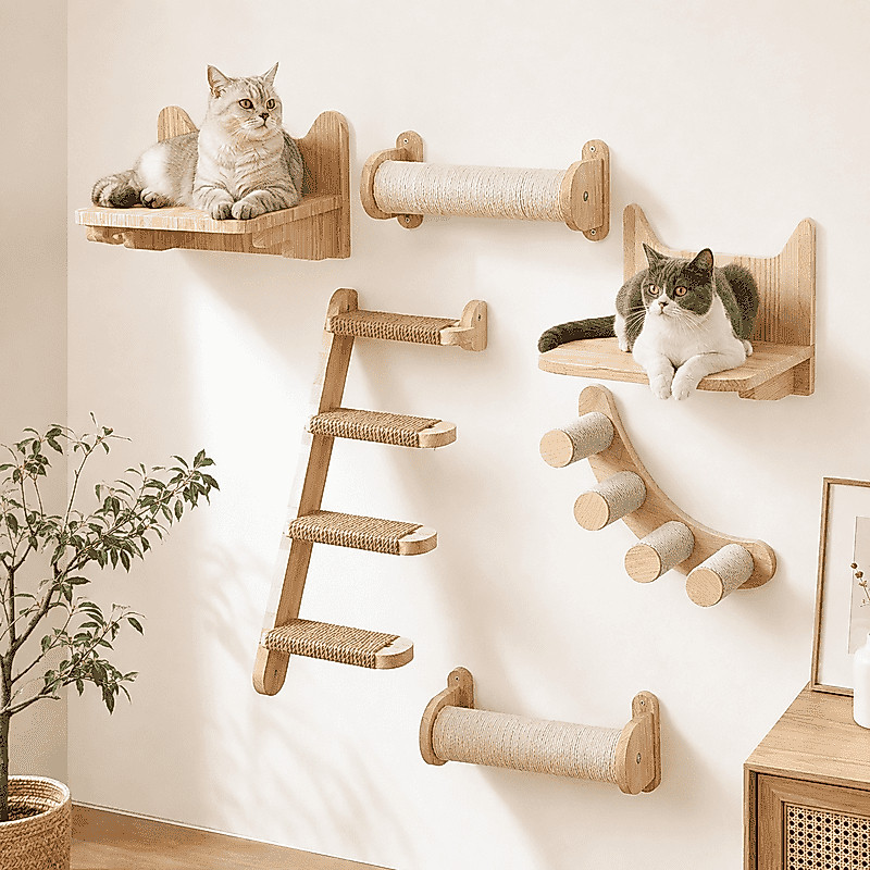 คอนโดแมวติดผนัง DIY ไม้จริง ประกอบได้ หลายแบบให้เลือก