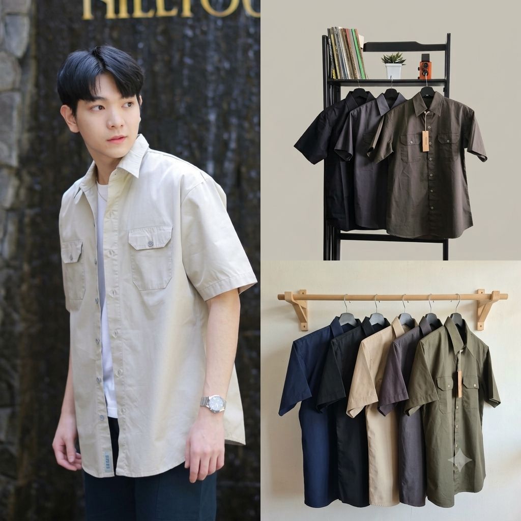 Work Wear Style Shirt เสื้อเชิ้ตแขนสั้น สไตล์วินเทจ ผ้าคอตตอลคอมป์ ไม่หนา ไม่ร้อน (มีถึงไซส์ XXL)