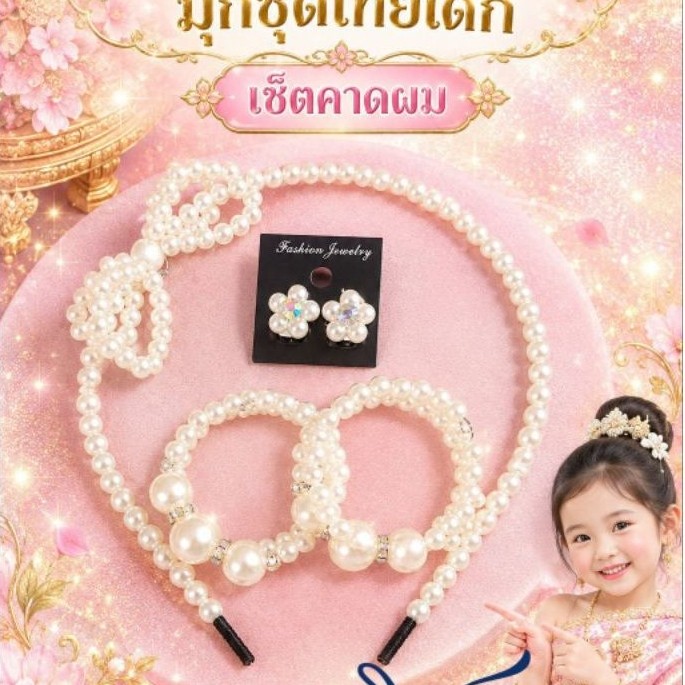 109เครื่องประดับมุกชุดไทยเด็ก เซต 3 ชิ้น ชุดไทยไปโรงเรียน  สงกรานต์  ลอยกระทง เครื่องประดับงานมงคล งานบวช