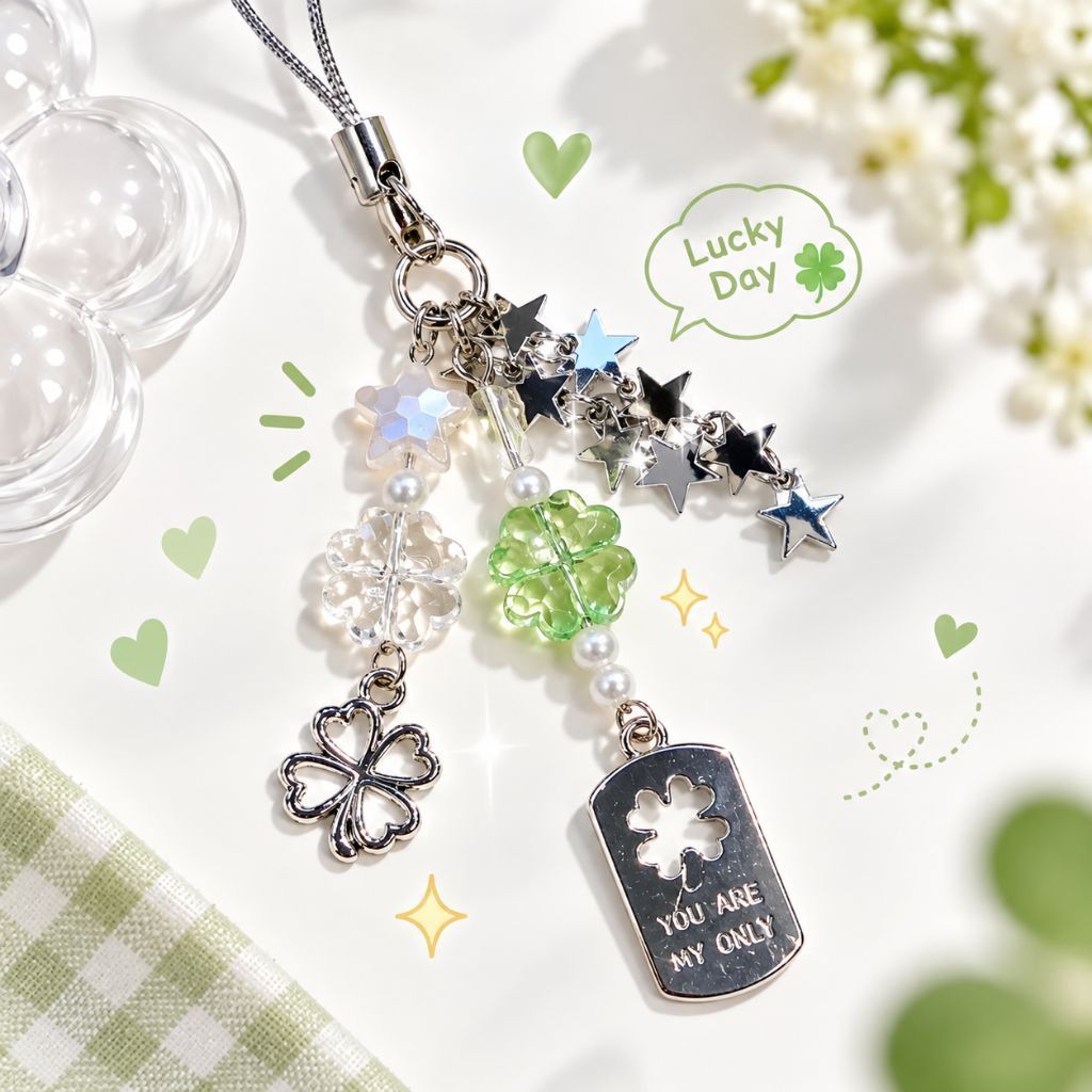 L510 พวงกุญแจใบโคลเวอร์และดาว นำพาความโชคดีและความหวัง พร้อมส่งจากไทย