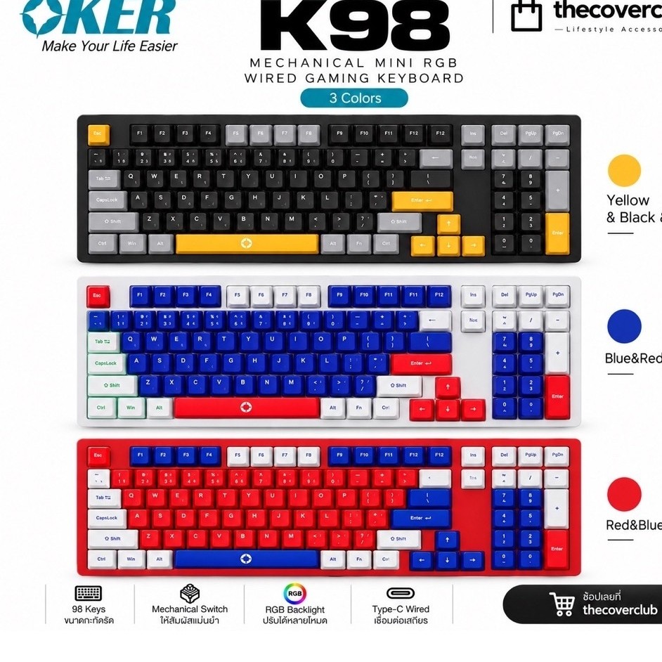 OKER K98 MINI RGB คีย์บอร์ด Mechanical Gaming Keyboard 98 Keys ไฟ RGB Hot-Swap คีย์บอร์ดเกมมิ่ง