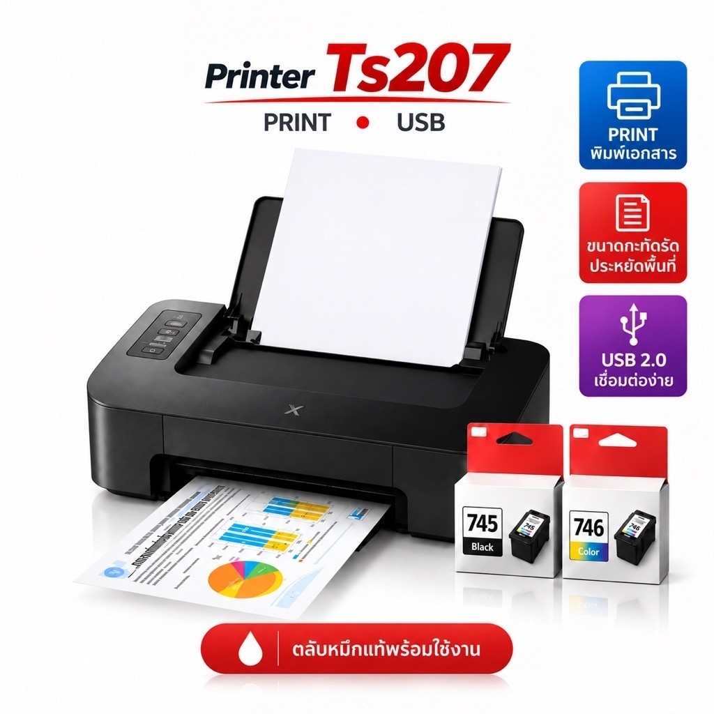 Canon Pixma Ts207 พร้อมตลับหมึกแท้ 1ชุด พร้อมใช้งาน
