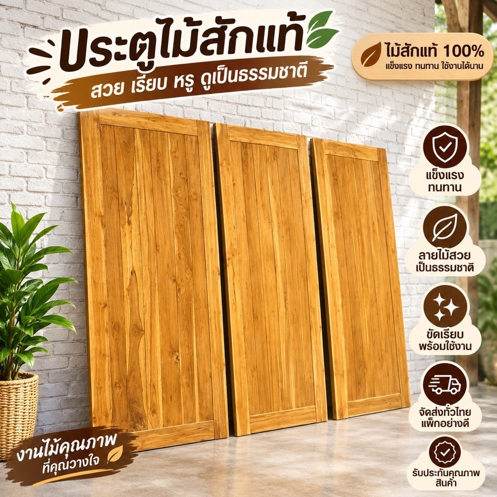 ประตูไม้สัก 70x180,70x200,80x180,80x200,90x180,90x200,100x180,100x200cm ไม้แท้ เกรดเอ บานทึบ