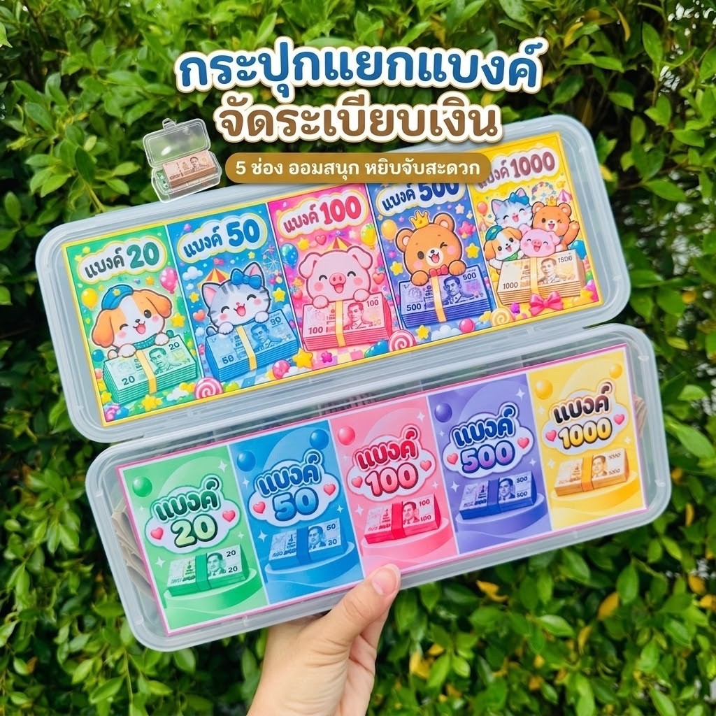 กระปุกแยกแบงค์5ช่อง ใส่แบงค์20,50,100,500,1000 วัสดุPP แข็งแรง กันน้ำ กันฝุ่น มีฝาล็อค