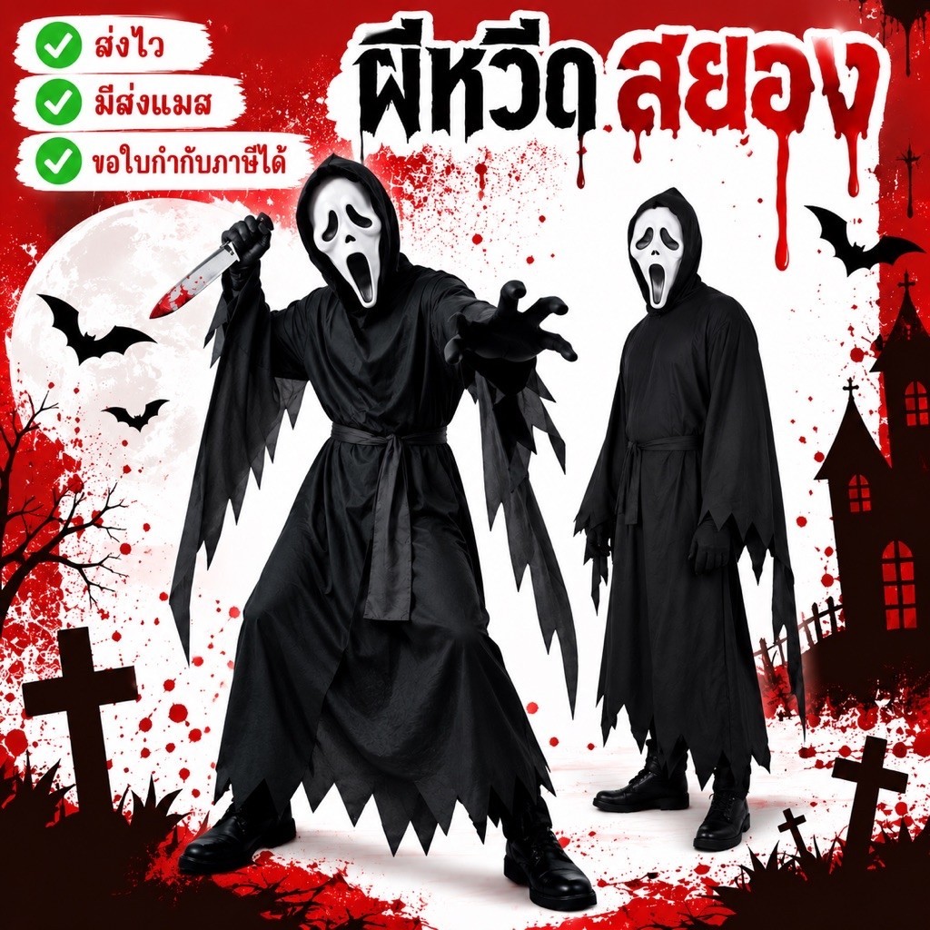 🔥ส่งไว จาก กทม🔥ชุดหวีดสยอง ชุดผี ผีหวีดสยอง ผีสครีม ชุดฮาโลวีน Scream costume cosplay
