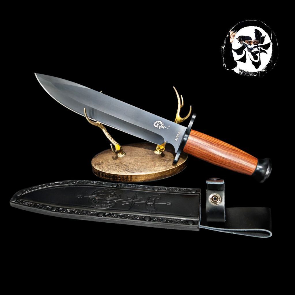 มีดเดินป่า Y8 วัสดุ AUS-8 58-60HRC ใบ 22.5ซม. หนา 4มม. ด้าม Rosewood ซองหนัง ยาวรวม 35.5ซม. สเปคข้อม