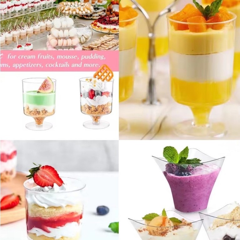 ถ้วยมูสมินิ Dessert Cup 60–120 ml | ถ้วยขนมพลาสติกใส แบบแข็ง | ทรงกลม/สามเหลี่ยม/ขาตั้ง | แพ็ค 10 ใบ