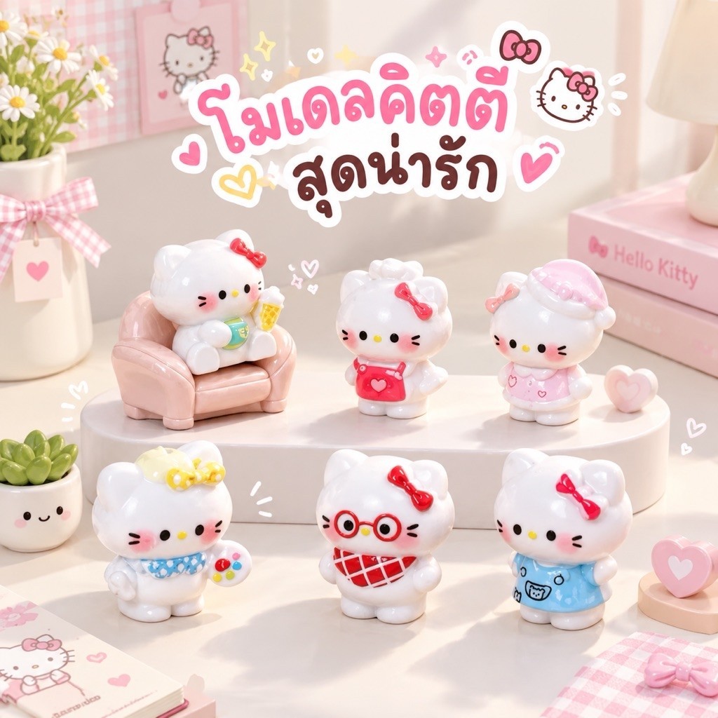 🇹🇭 (เซ็ท 6 ชิ้น) #22 คิตตี้น่ารัก 3D ตุ๊กตาจิ๋ว โมเดลจิ๋ว ตุ๊กตาเรซิ่น แต่งบ้าน แต่งสวน ตั้งโต๊ะทำงาน Diy
