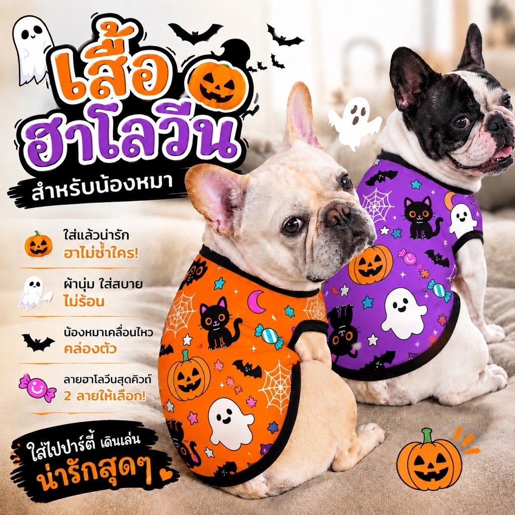 พร้อมส่ง เสื้อหมา เสื้อแมว ฮาโลวีน เสื้อฝักทอง เนื้อผ้าไมโคร ไม่ติดขน ใส่สบาย (เลือกลายได้)