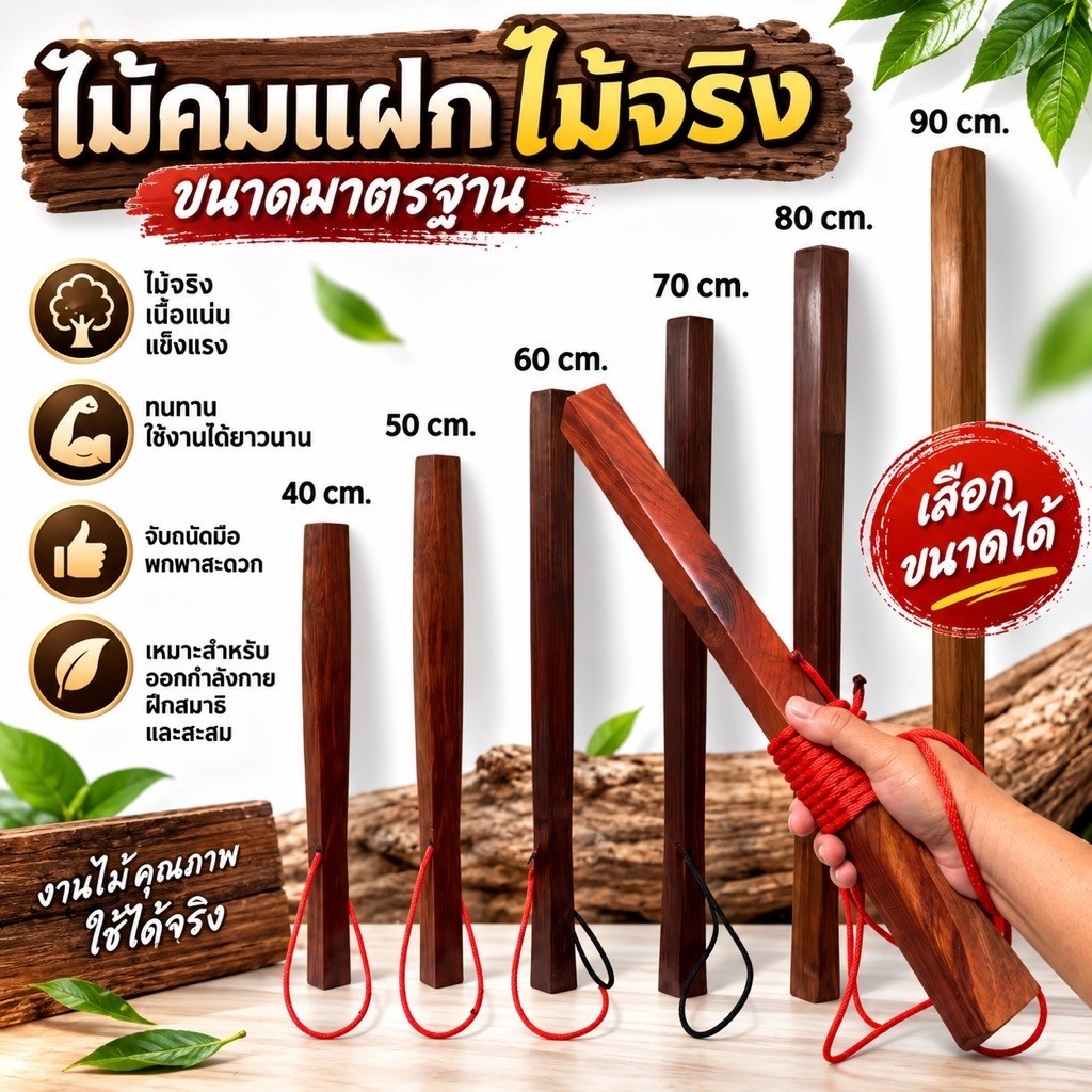ไม้คมแฝก มะค่า ประดู หรือ เนื้อแข็ง อื่นๆ (ยาว 40/60/70/80 /90ซม.) 1 เล่ม