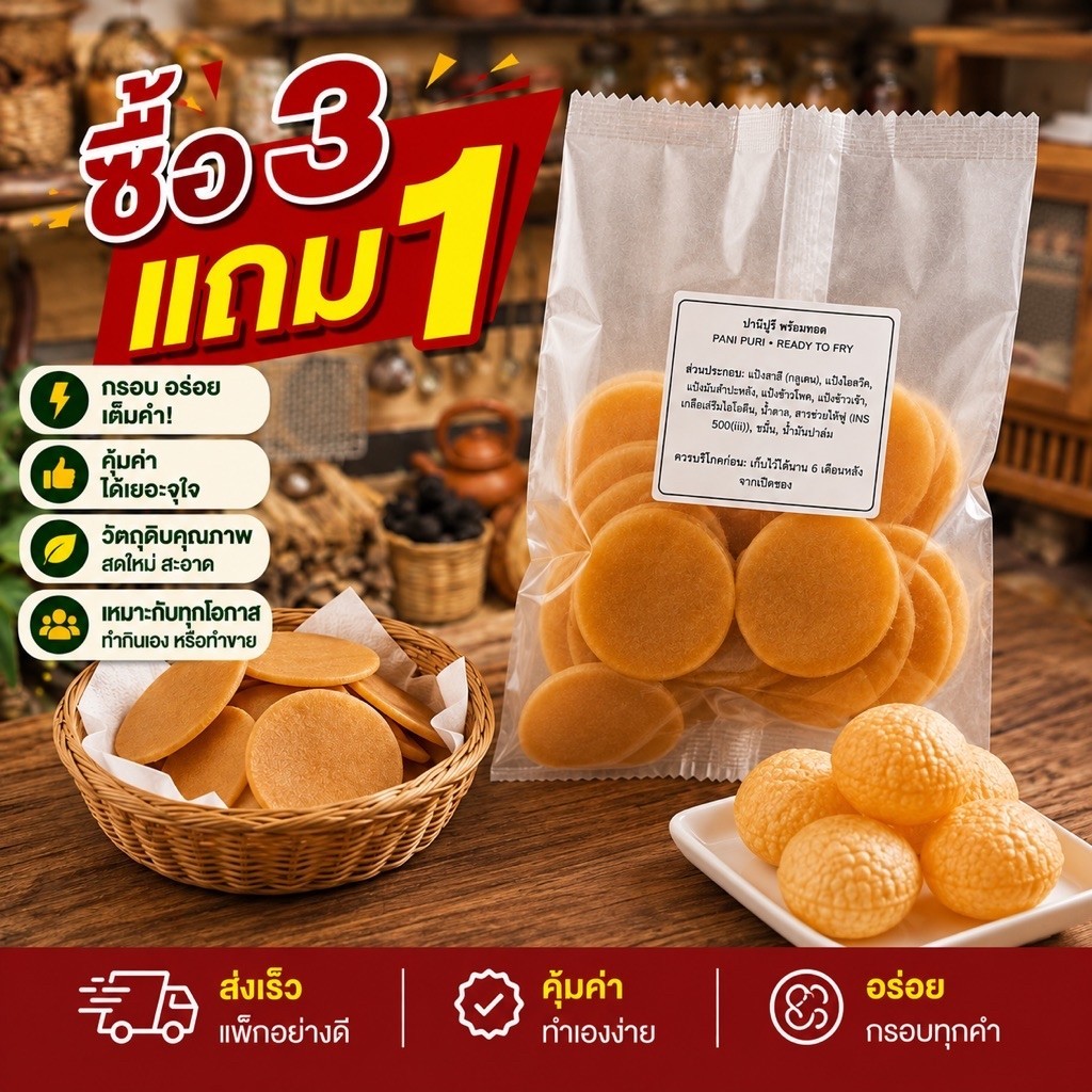 แผ่นแป้งปานีปูรีพร้อมทอดราคา 69 บาทต่อ 1 ถุง !!!! โปร! ซื้อ 3 ถุง แถม 1 ถุง ขนาด 60 กรัมต่อถุง