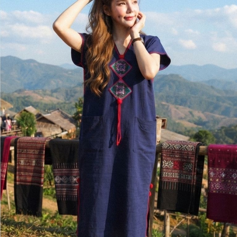 เดรสกะเหรี่ยง ผ้าฝ้ยเชียงไหม่ ผ้าพิมพ์ลายแต่พู่สวยๆค่า