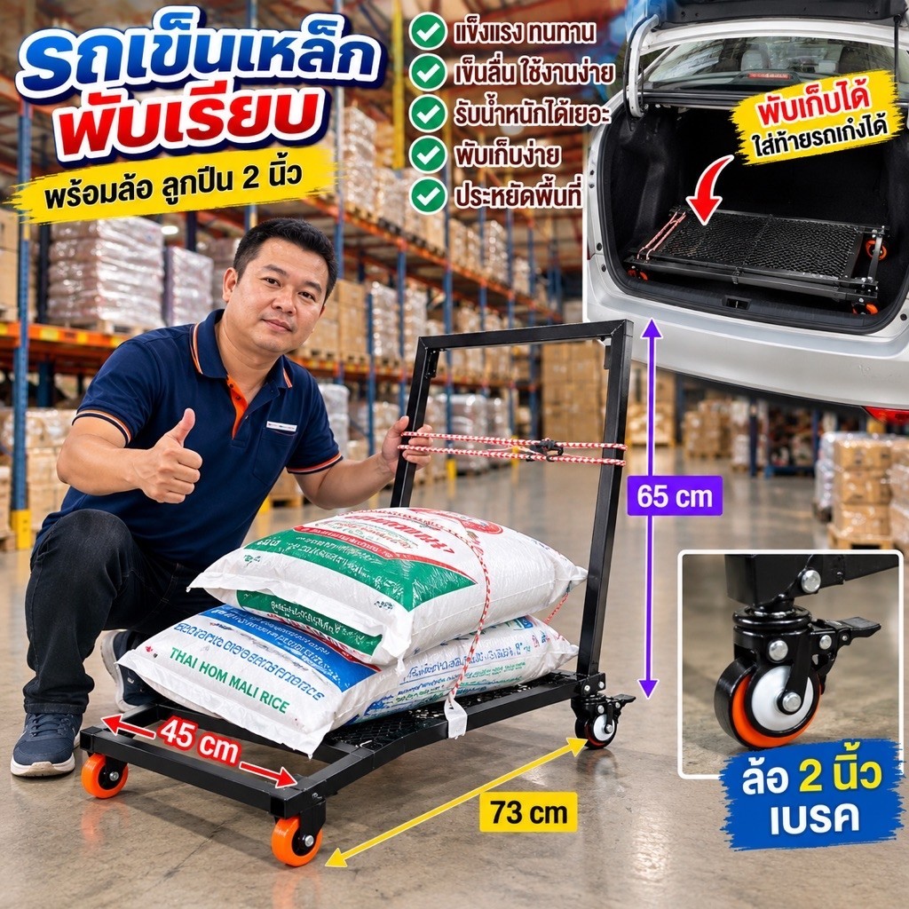 ผลิตไทย รถเข็นพับเรียบ ขนของง่ายด้วยล้อขนาด 2 นิ้ว พร้อมเบรค(ฟรีสายรัดของ) พับเก็บพร้อม รับน้ำหนักได้มาก สะดวกต่อการพกพา