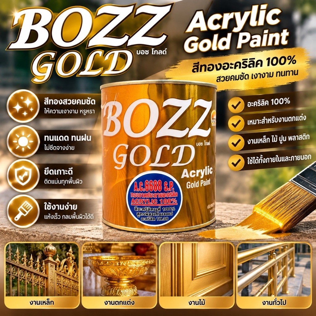 BOZZ GOLD สีทองอะคริลิค 100% Acrylic Gold Paint A.C.6688 S.P. สีทอง สำหรับงานทาสีและงานตกแต่ง