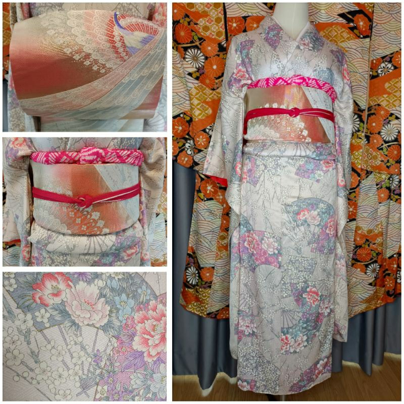พร้อมส่ง set kimono furisode กิโมโน ฟุริ มือสอง ลายพัดดอกไม้ ของแท้จากญี่ปุ่น