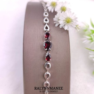 BL002 สร้อยข้อมือพลอยโกเมนแท้ ( Garnet ) ตัวเรือนเงินแท้ 925 ชุบทองคำขาว ฟรีไซส์ 14 - 17.5,15.5 - 19.5 cm.