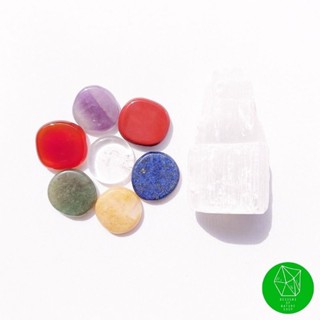 ชุดหิน 7 จักระทรงกลมแบน+เซเลไนต์ทรงเจดีย์​ Mini Selenite Tower &amp; 7Chakra Stone Set