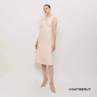 VICKTEERUT Re-Edition Cap Sleeve Midi Dress with Stripe Organza Detail เดรสแขนเต่อ ตัดต่อผ้าออร์แกนซาลายทาง