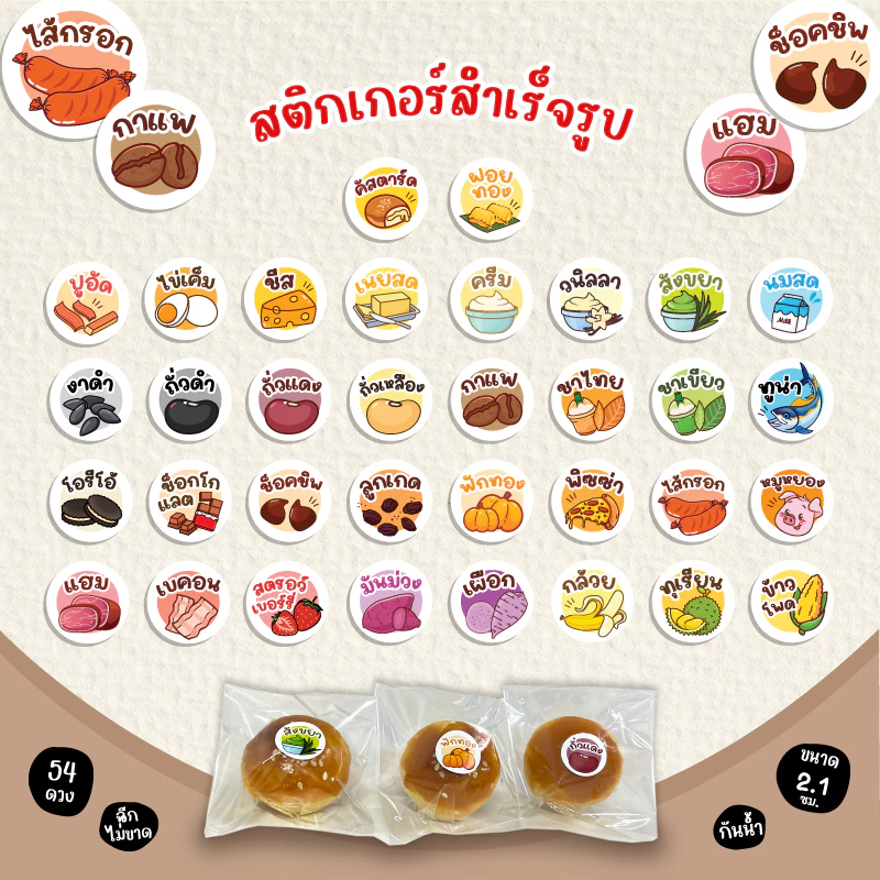 สติกเกอร์ไส้ขนม สติกเกอร์รสชาติ สติกเกอร์เบเกอร์รี่ สติกเกอร์ไส้ขนมปัง V3 ขนาด 2.1ซม. 54ดวง/1แผ่น