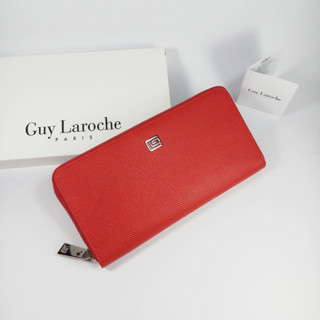 Guy Laroche แท้!!! กระเป๋าสตางค์ผู้หญิงใบยาว ซิปรอบ สีแดง หนังลาย อะไหล่สีเงิน หนังแท้ 100%