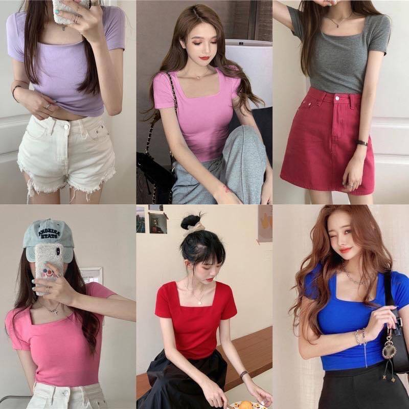 เสื้อคอเหลี่ยมแขนสั้น เต็มตัว (ผ้าคอตตอน) เสื้อยืดแขนสั้น คอเหลี่ยม ผ้านิ่มลื่นใส่สบายสุดๆ