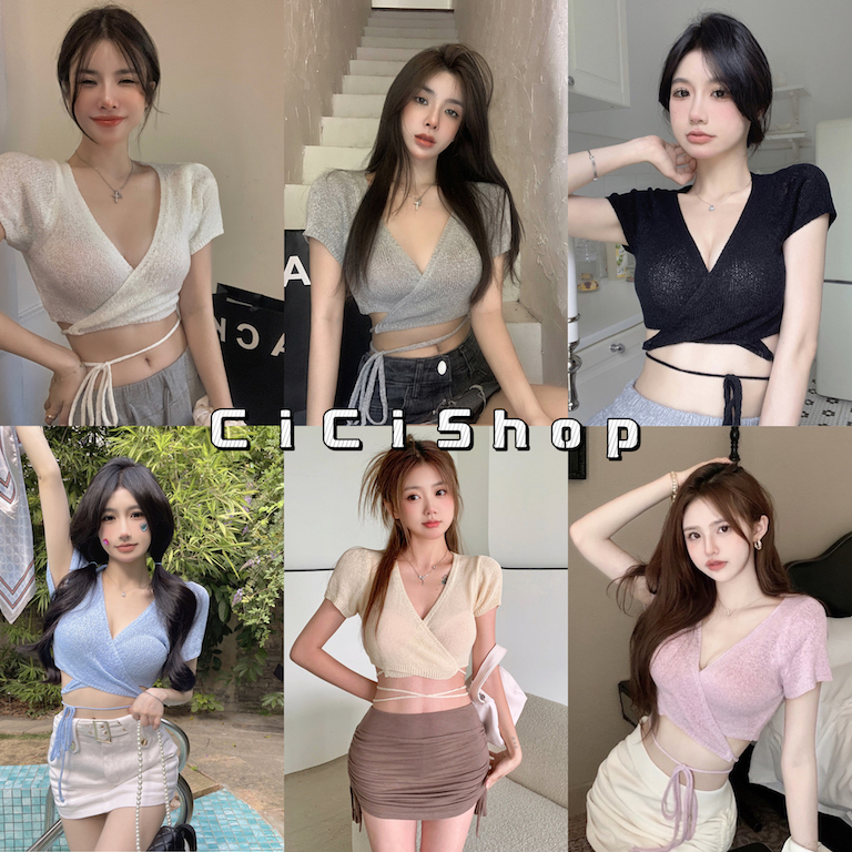 Cicishop(88918)Mini crop เสื้อครอปไหมพรมแต่งหัวใจข้างหลัง กิมมิคเชือกผูกเอวเก๋ๆแมตช์ง่าย ราคา ถูกที่สุด ดีลบีเคเค