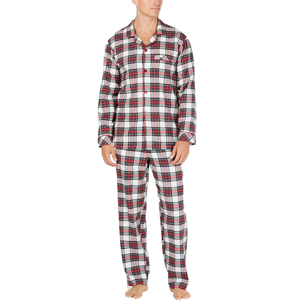 🍭**ผู้ชาย**Family6 : Family PJs Men white+green plaid sleepwear ชุดนอนผ้าคอตตอนเนื้อนิ่มๆ