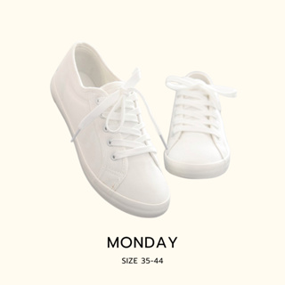 รองเท้าผ้าใบสีขาว สไตล์มินิมอล พื้นไม่เสริมส้น รองเท้านักเรียน สีขาวล้วน รุ่น Monday