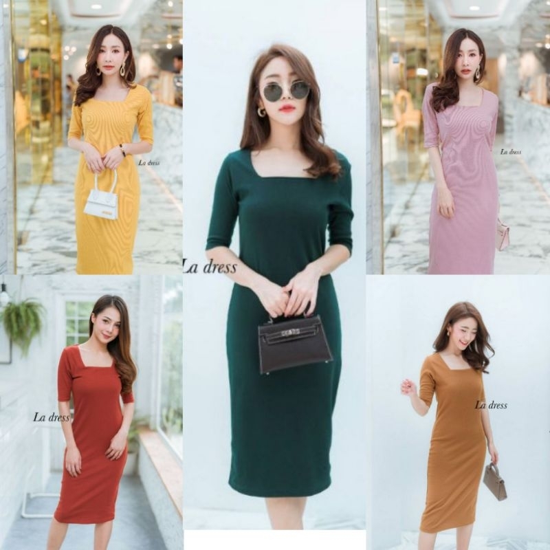 ‼️พร้อมส่ง‼️เดรสยาวคอเหลี่ยม​ ผ้าร่อง งานป้าย La dress