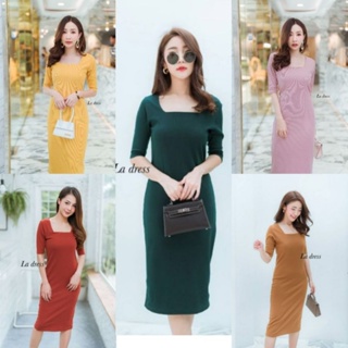 ‼️พร้อมส่ง‼️1️⃣8️⃣5️⃣ เดรสยาวคอเหลี่ยม​ ผ้าร่อง งานป้าย LA DRESS