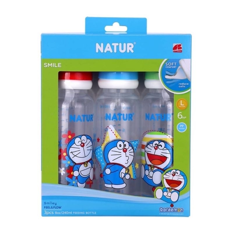 NATUR เนเจอร์ ขวดนมทรงกลม ลายโดเรมอน ขนาด 8 oz แพ็ค 3 ขวด