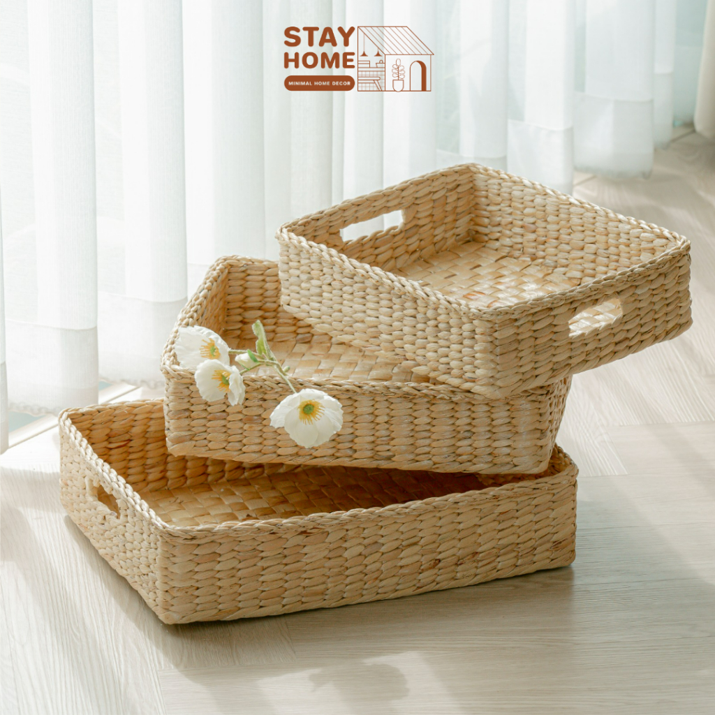 [พร้อมส่ง]ถาดผักตบชวามีรูจับ Stayhome ถาดใส่ของ ถาดใส่ขนม