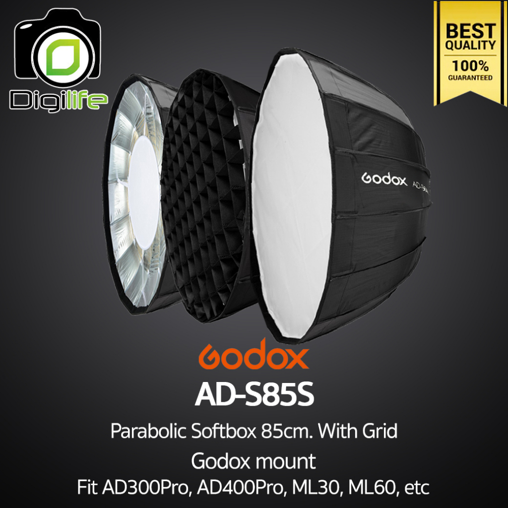 Godox Softbox AD-S85S Silver Parabolic 85cm. With Grid - Godox Mount - For AD300Pro, ML30, ML60, ML60II , AD400Pro, etc