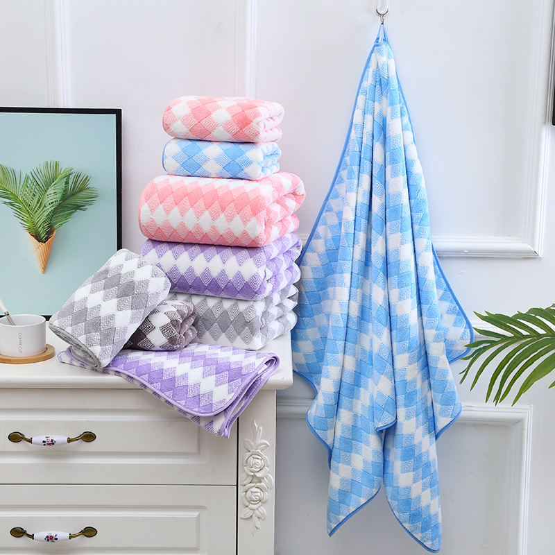 YJG-01【ขนาด 140x70 cm 】ผ้าเช็ดตัวขนเป็ด ผ้าขนหนูอาบน้ำ ลายตาราง ผืนใหญ่ ห่อตัวได้ สีพื้น