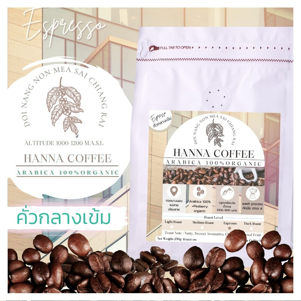 เมล็ดกาแฟคั่วกลางเข้ม 500กรัม Arabica 100% เกรด A รวม +Peaberry ดอย นางนอน เชียงราย Hanna Coffee