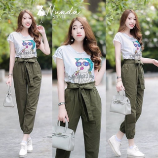 Fashion young Set 2 ชิ้น เสื้อแขนเลย ผ้ายืดพิมพ์กราฟฟิก มาคู่กับกางเกงขายาว 091