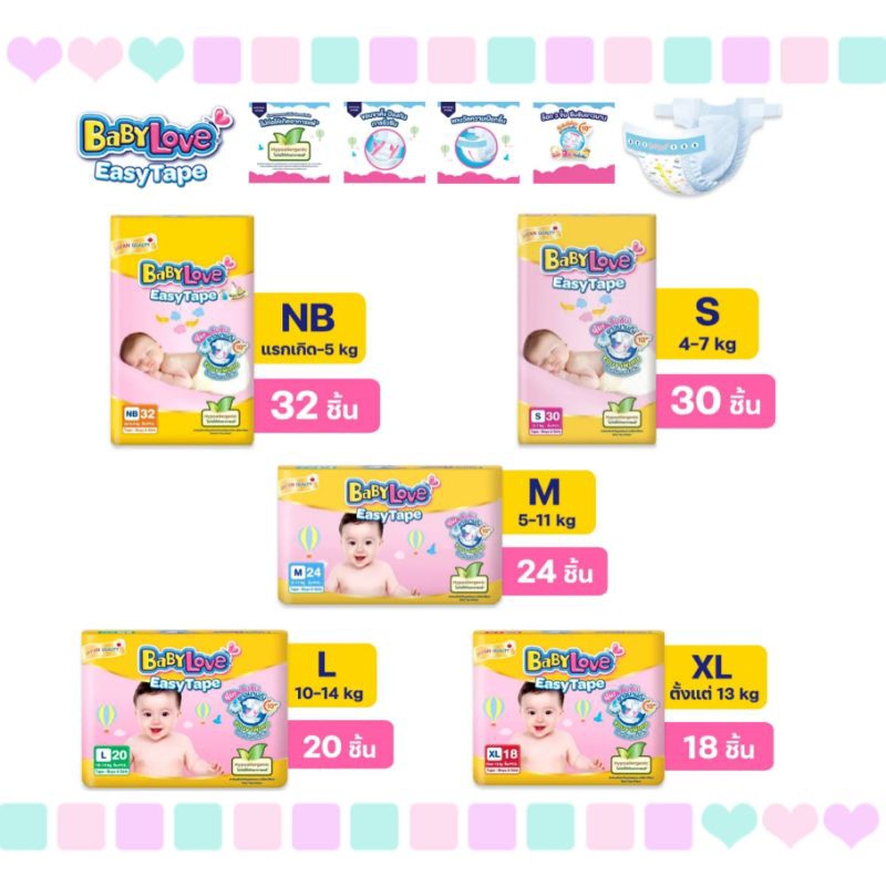 <1ห่อ>BABYLOVE EASY TAPE ผ้าอ้อมเด็ก เบบี้เลิฟ อีซี่เทป NB32ชิ้น,S30ชิ้น,M24ชิ้น,L20ชิ้น,XL18ชิ้น