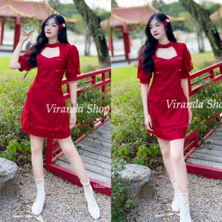 J18282 เดรสกี่เพ้า เว้าอกแต่งลูกไม้ Qipao dress, chest cutout, decorated with lace