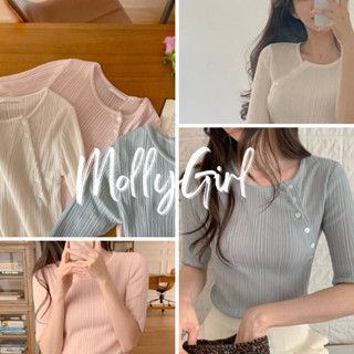 Mollygirl เสื้อยืด แขนสั้น ลายทางแนวตั้ง เหมาะสำหรับพนักงานออฟฟิศ เสื้อยืด 8809#