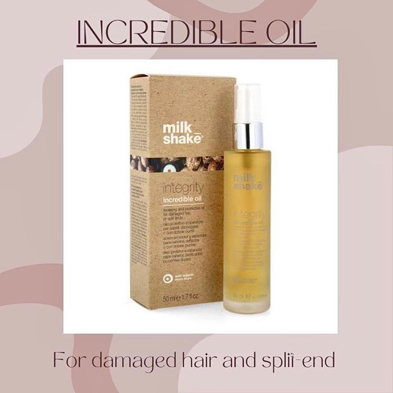 MILK SHAKE INTEGRITY OIL 50 ML.มิลค์เชค อินเครดิเบิ้ล ออยล์ เนื้อบางเบา สำกรับผมแห้งเสีย แตกปลาย ให้ผมแข็งแรง