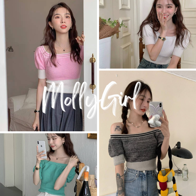 Mollygirl เสื้อไหมพรมเปิดไหล่ สาวโคเรียมาเลยยย เสื้อเอวลอย เสื้อแฟชั่นผญ
