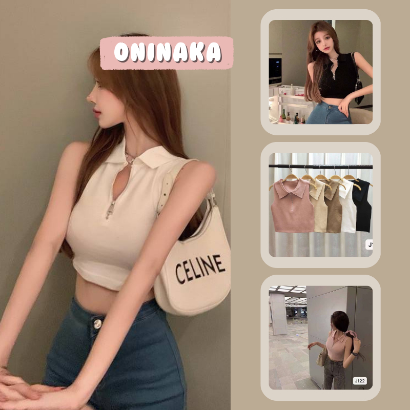 Oninaka เสื้อครอปคอปกแขนกุด สไตล์เจแปนนิสส เสื้อเอวลอย เสื้อแฟชั่นผญ