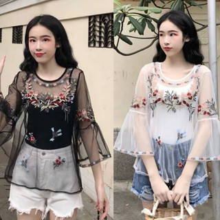 เสื้อแฟชั่น คอกลม แขนยาว เสื้อ ผู้หญิง งานปักดอกไม้ ลวดลายสวยงาม เสื้อแฟชั่นผู้หญิงน่ารัก เนื้อผ้าชีฟอง ซีทรู ดีไซน์สวย