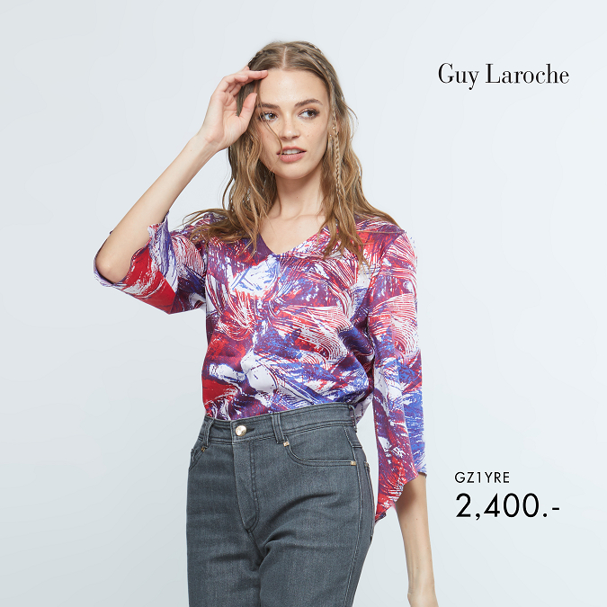 Guy Laroche เสื้อ ผู้หญิง Soft cotton Feather คอวี แขนสามส่วน สีแดง (GZ1YRE)