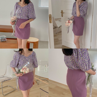 Floral puff sleeve- purpleเสื้อเชิ๊ตสีม่วงลายดอกไม้พร้อมส่ง