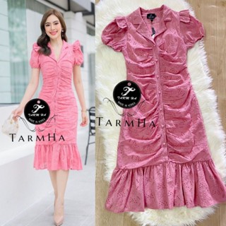 สวยหวาน!!! S-6XL Dress เดรสสีชมพูผ้าปักฉุลายกระดุมหน้า งานป้าย Tarm Ha