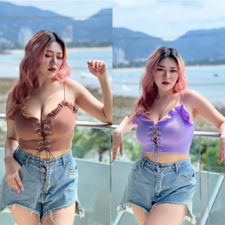 Plus size พร้อมส่ง Y30 สายเดี่ยวแต่งผูกโบว์หน้า อก 36-46  สายเดี่ยวเซ็กซี่ รุ่นพาคลับสดใส100KG